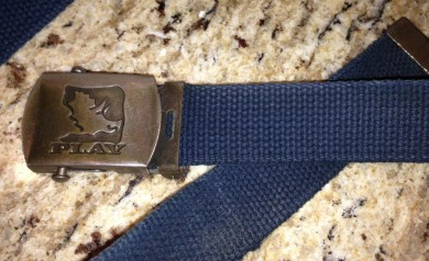 The PLAY Clothes canvas belt with triceratops logo (courtesy of Darren Hough)