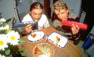 Vaun Stout and Hal Brindley eating cherry pie of PLAY numberplates with PLAY padsets