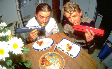 Vaun Stout and Hal Brindley eating cherry pie of PLAY numberplates with PLAY padsets