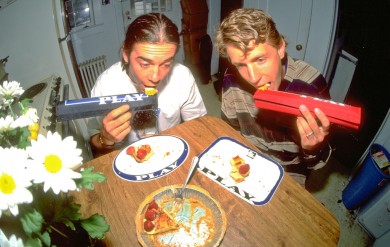 Vaun Stout and Hal Brindley eating cherry pie of PLAY numberplates with PLAY padsets